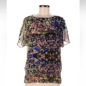 Ted Baker London Floral Multi-Colored Butterfly Sheer Short Sleeve Blouse Size 8